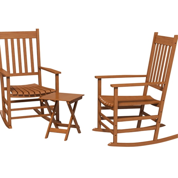 Natural Wood, 2 - Chair Rocking Set with Table / Slatted Design for Breezy Seating
