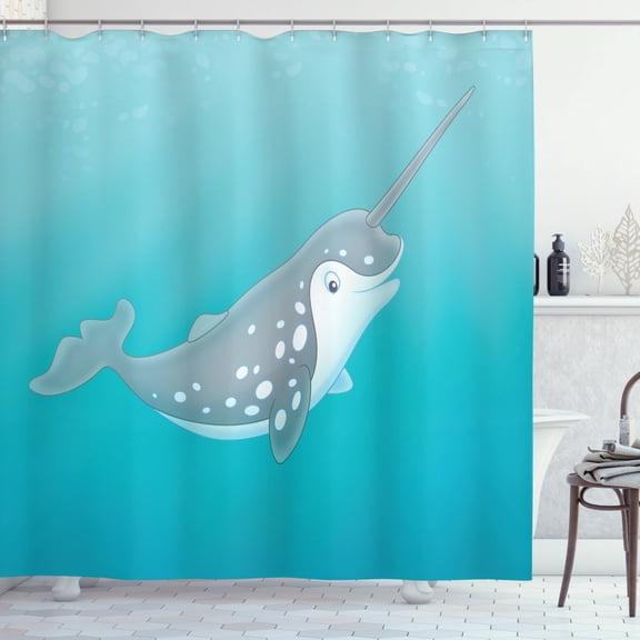Ambesonne Narwhal Shower Curtain, Cartoon Mammal Drawing, 69"Wx70"L, Seafoam Grey White