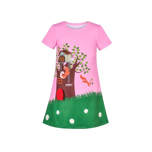 Girls Dress Tee Shirt Forest Tree House Applique Squirrel Short Sleeve 3 Years