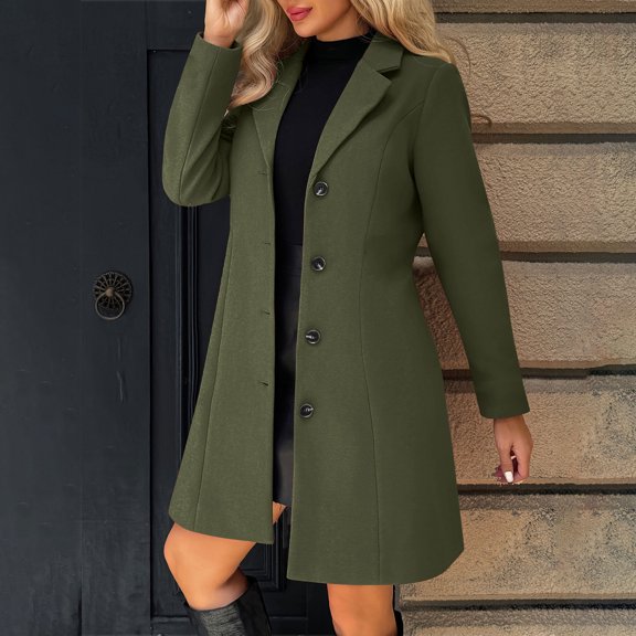 Zedker Winter Coats for Women Casual Lapel Collar Long Sleeve Jackets with Button Comfy Inner Lining Thermal Outerwears,Army Green,L