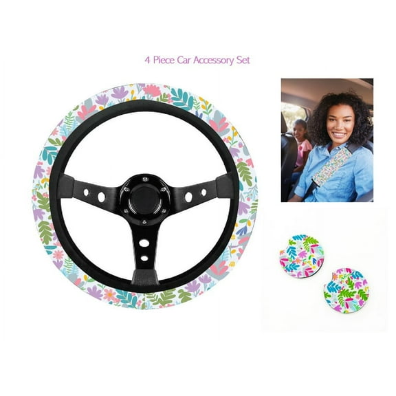Women's Spring Floral Car Accessory Set with Seatbelt Cover, Steering Wheel Cover, and Coasters