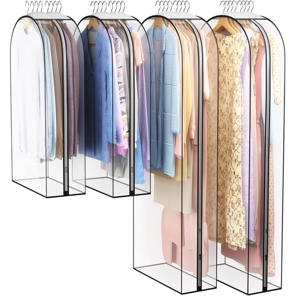 4 Pack Clear Garment Bag for Hanging Clothes 10” Gusseted, 40&60” Suit Bags for Open Closet Storage Plastic Clothes Cover for Coat, Dress, Shirts, Fur, Jacket