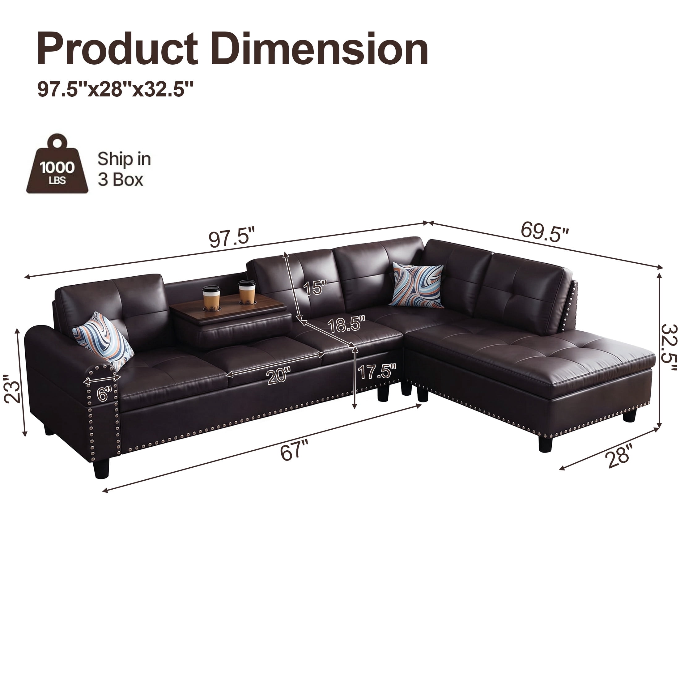 AENKYO 98" L-Shaped Sectional Sofa with Reversible Chaise and Cup Holders, Faux Leather, Brown