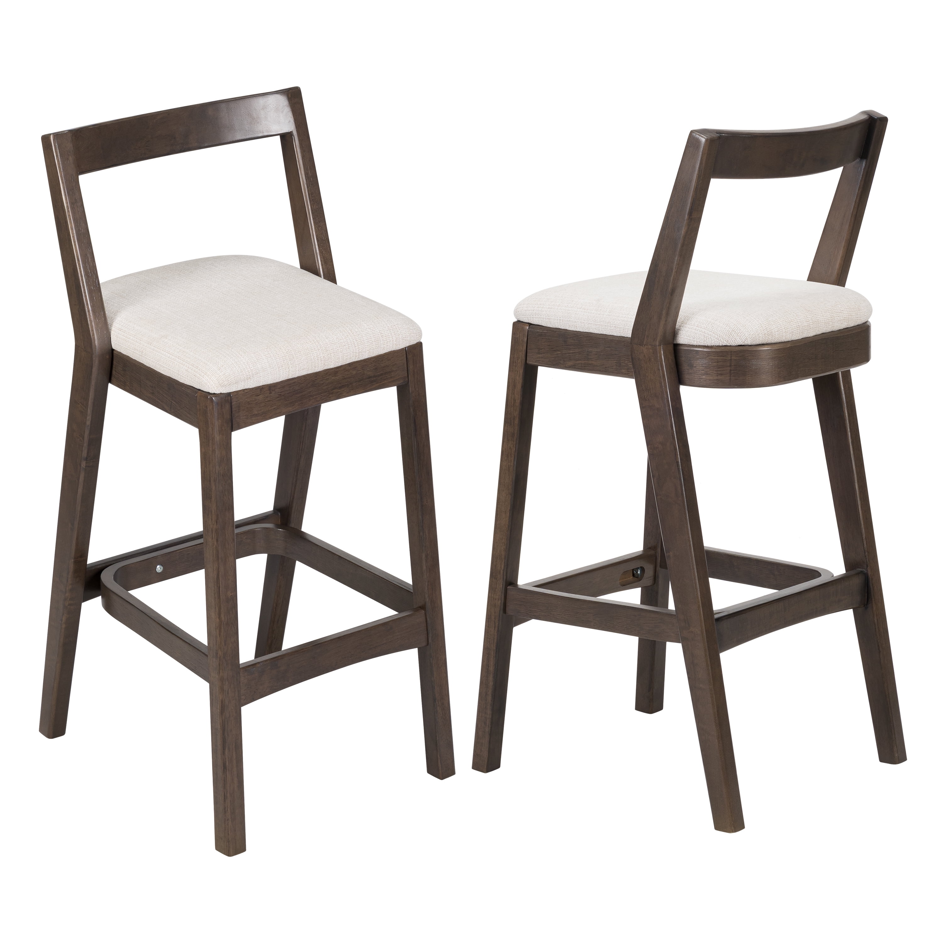 Counter Height Bar Stools, Rubberwood Stools with Beige Polyester Fabric Seat and Dark Brown Finish, Farmhouse Dining Stools for Kitchen, Breakfast Nook, Cafe, Set of 2