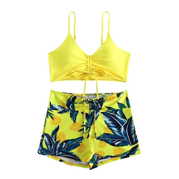Levmjia Women's Bikini Set Two Piece Solid Color Top And High Waisted Shorts Tummy Control Push Up Padded Swimsuit Beach Vacation Swimming Wear