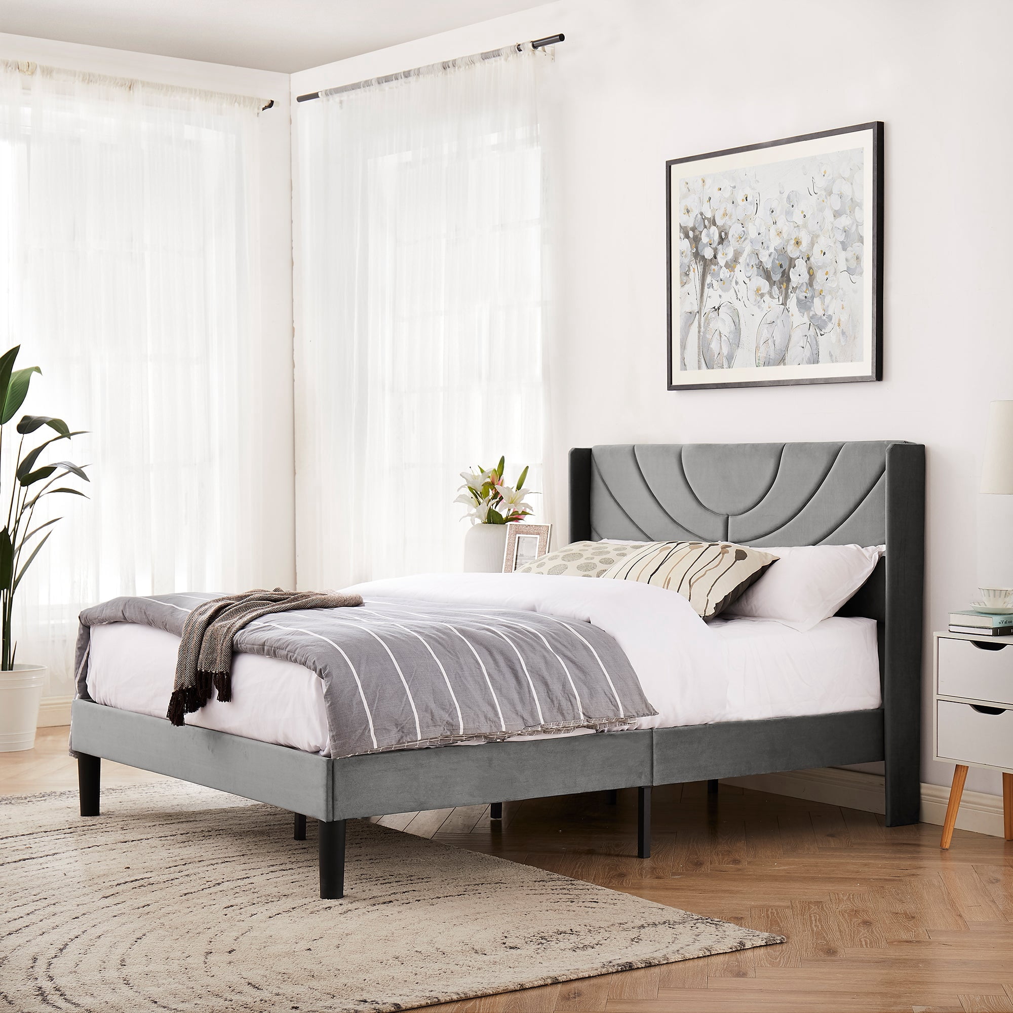 VECELO Upholstered Platform Queen Bed Frame with Fabric Headboard,Wooden Slats Support/No Box Spring Needed/Mattress Foundation,Dark Gray