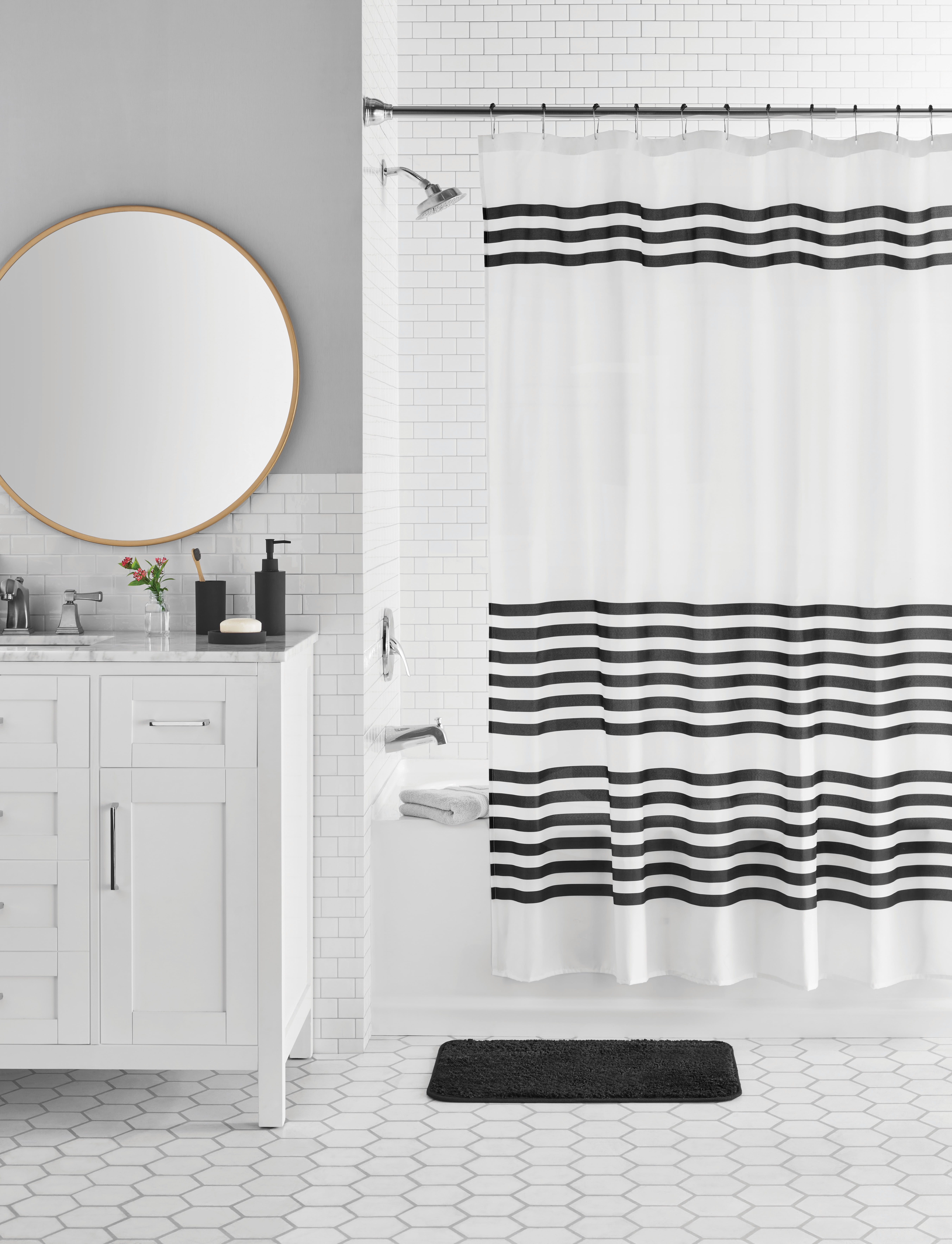 Mainstays 17-Piece Black & White Stripe Polyester/Plastic Shower Curtain & Bathroom Accessory Set