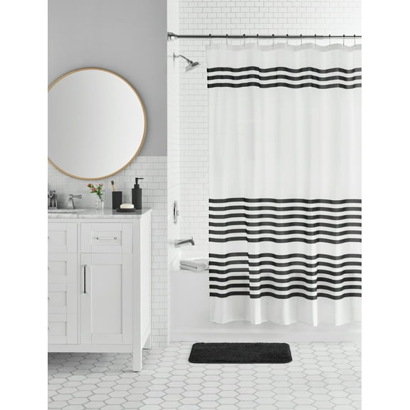 Mainstays 17-Piece Black & White Stripe Polyester/Plastic Shower Curtain & Bathroom Accessory Set
