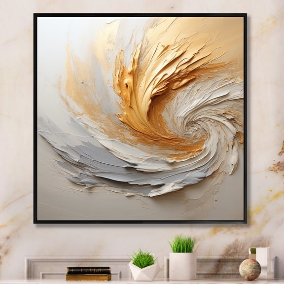 Designart "Abstract Paint Spiral in Gold and White I" Abstract Framed Wall Art - Transitional Gold Abstract Spirals Living Room Framed Canvas Art