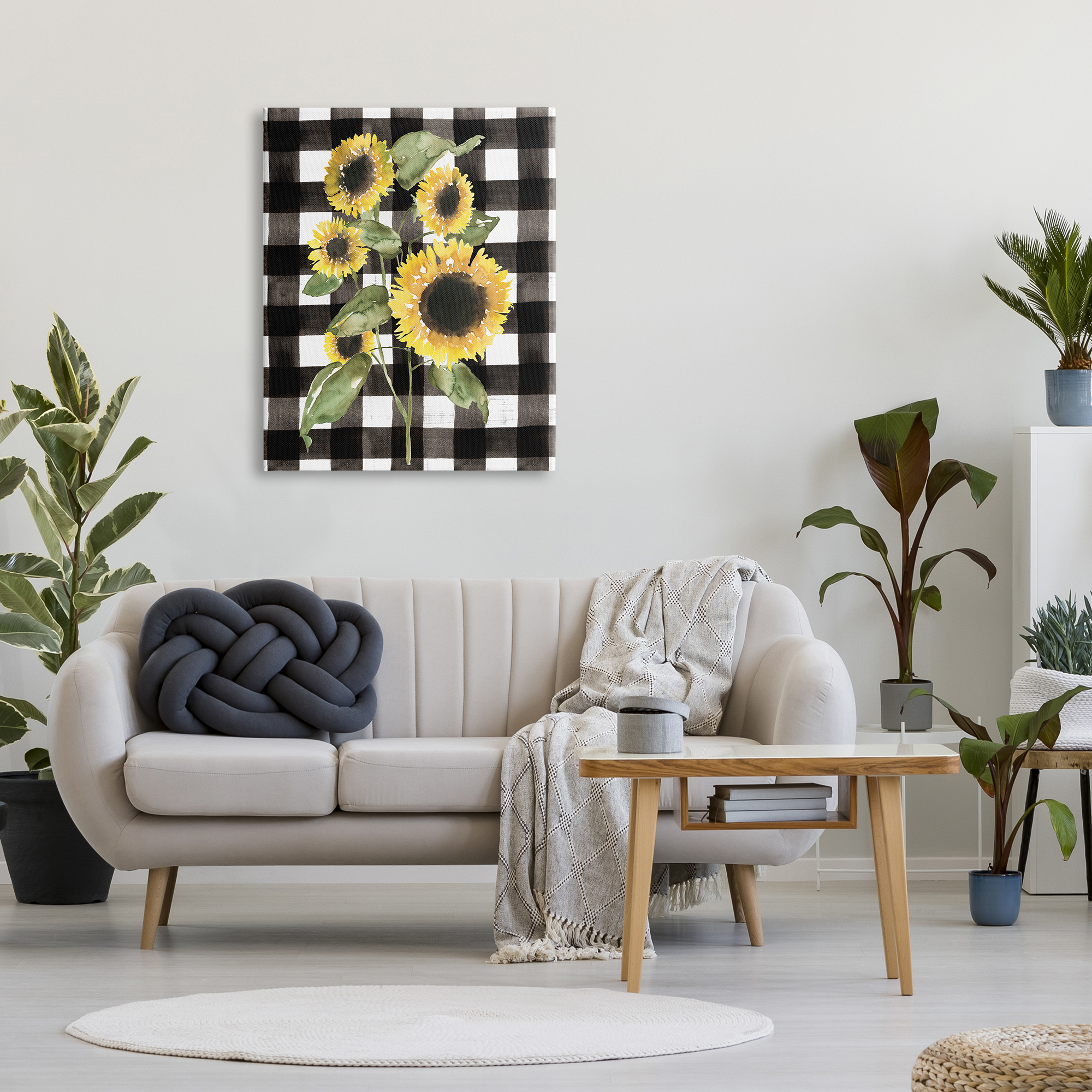 Stupell Industries Classic Yellow Sunflower Floral Bunch Buffalo Check Plaid Botanical & Floral Painting Gallery Wrapped Canvas Print Wall Art, 30 x 40
