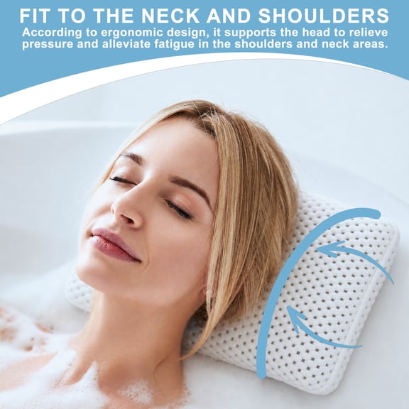 Non-Slip Bath Pillow with 8 Suction Cups, Soft 3D Mesh Cushion, Comfort Headrest for Tub, Spa & Home Bath Use, White