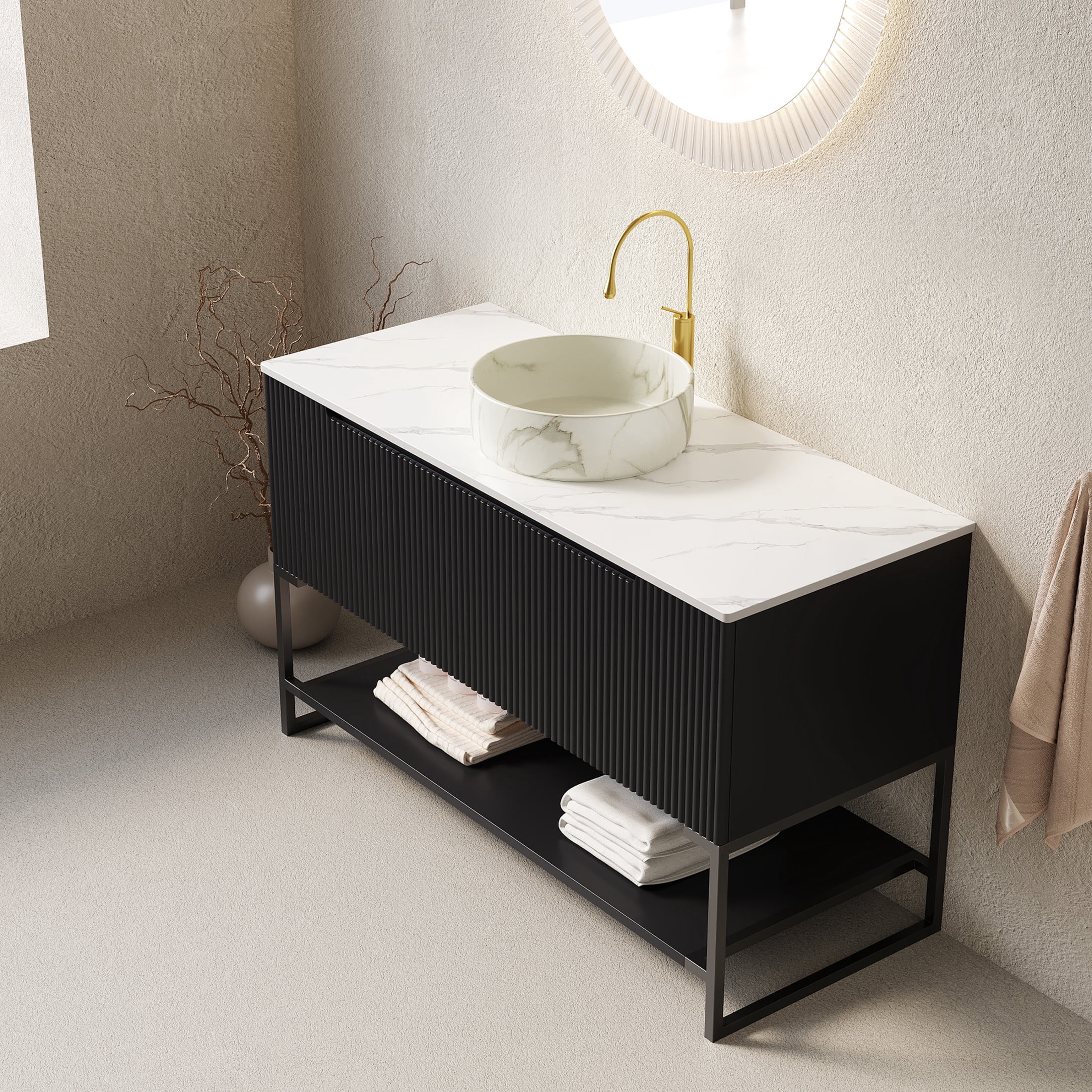 Noble House Tulio 48" Freestanding Bathroom Vanity with Sintered Stone Countertop, Stone Round Ceramic Basin, Black