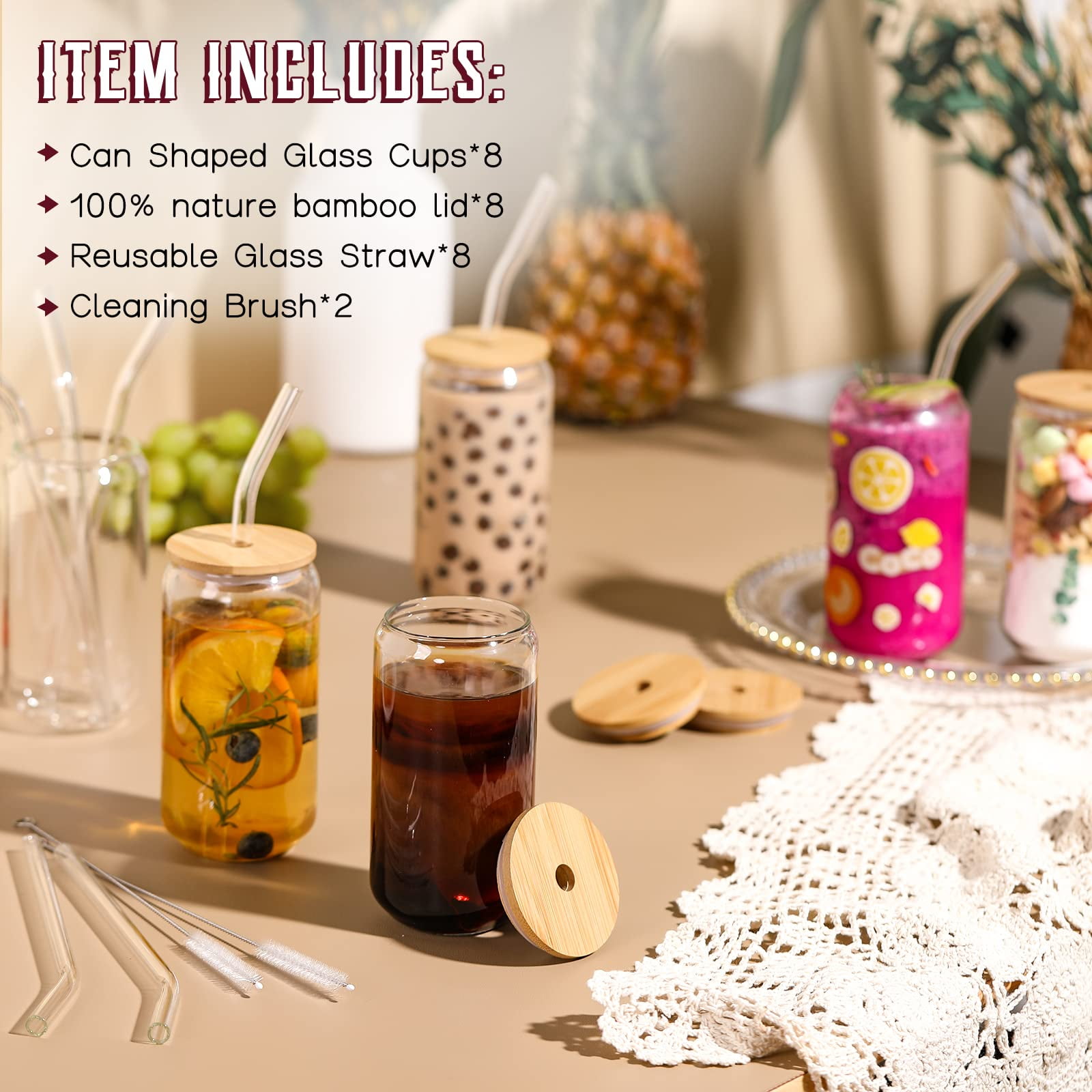 1pc Ice Coffee Cup with Bamboo Lids and Glass Straw,16oz Sublimation Boho  Printed Can Glasses