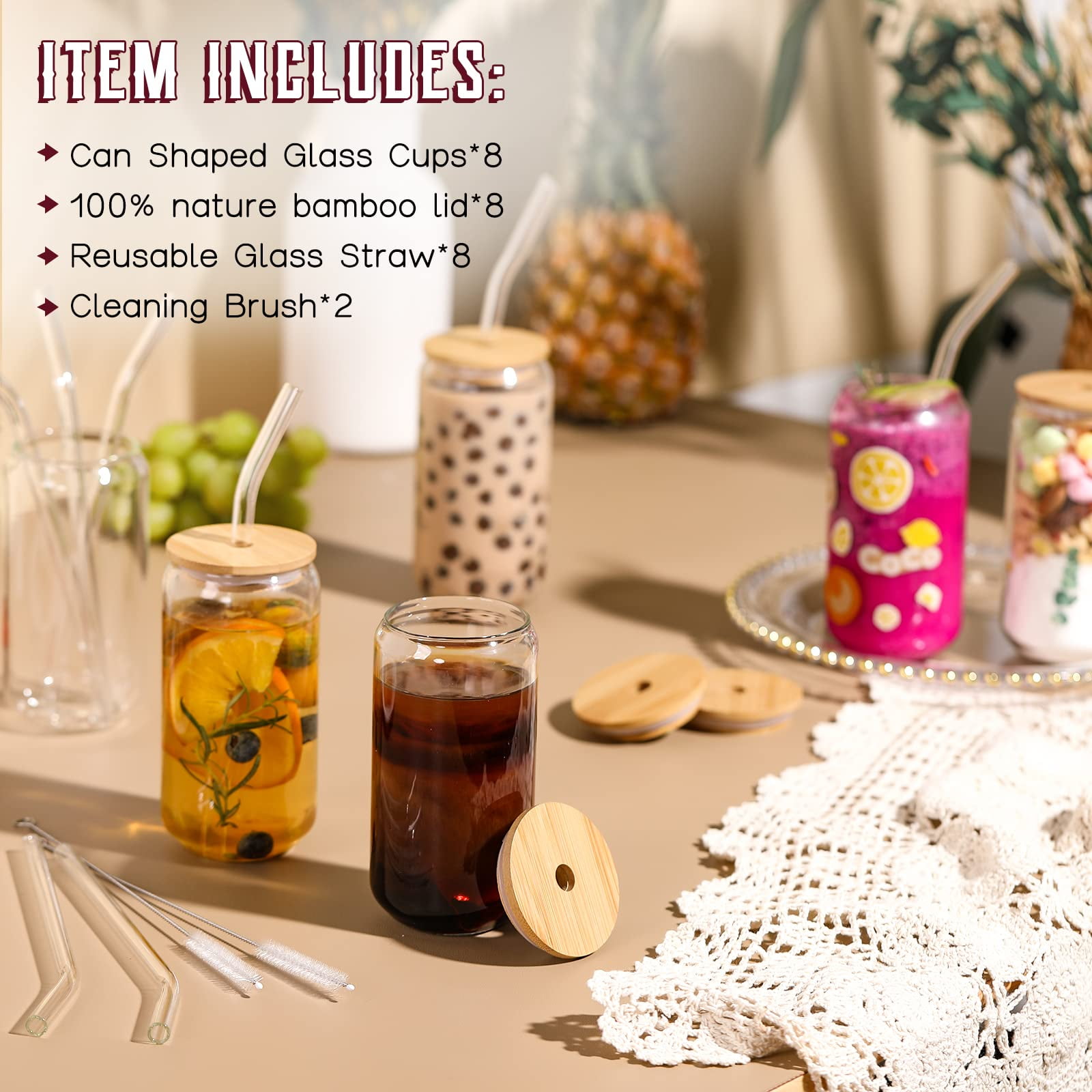 Glass Cups with Bamboo Lids and Straws 15/16OZ - Bamco