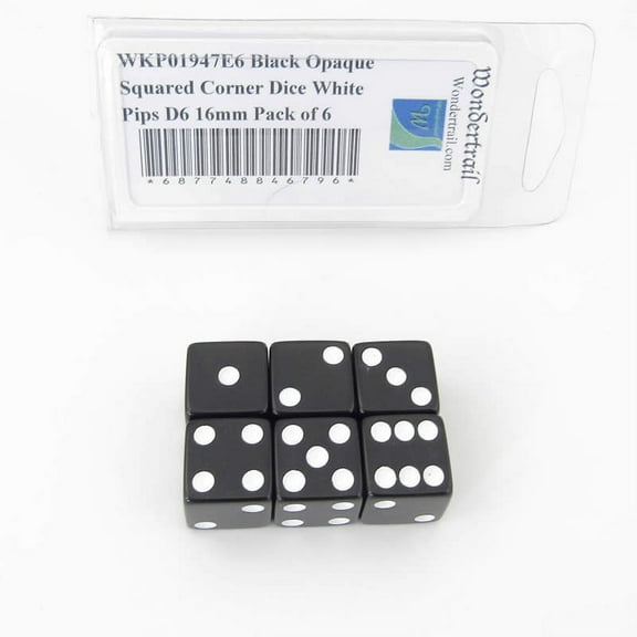 Black Opaque Squared Corner Dice White Pips D6 16mm (5/8in) Pack of 6 Wondertrail