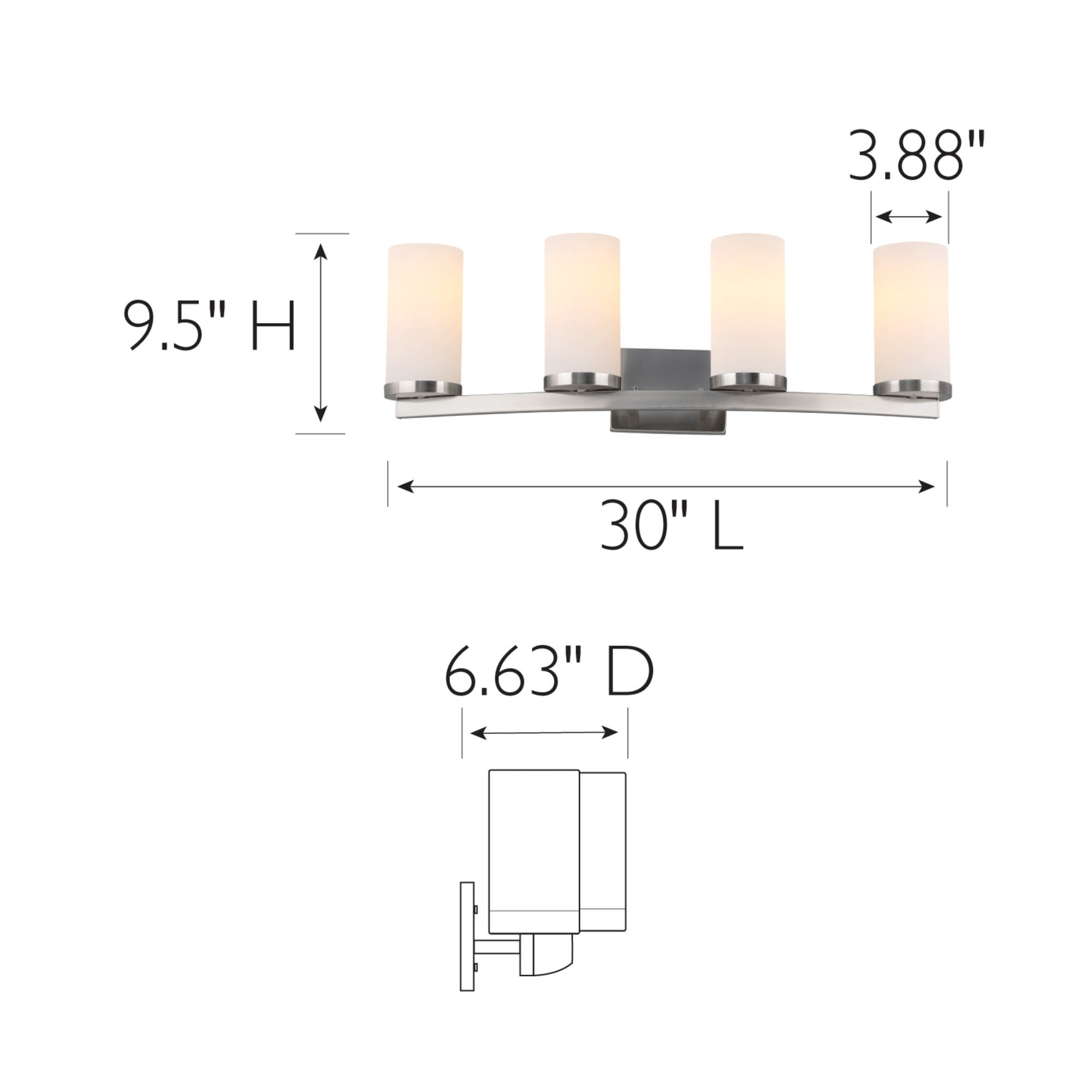 Breckham 4-Light Vanity Light in Satin Nickel, 30.0 in Curved Bar with Frosted Glass