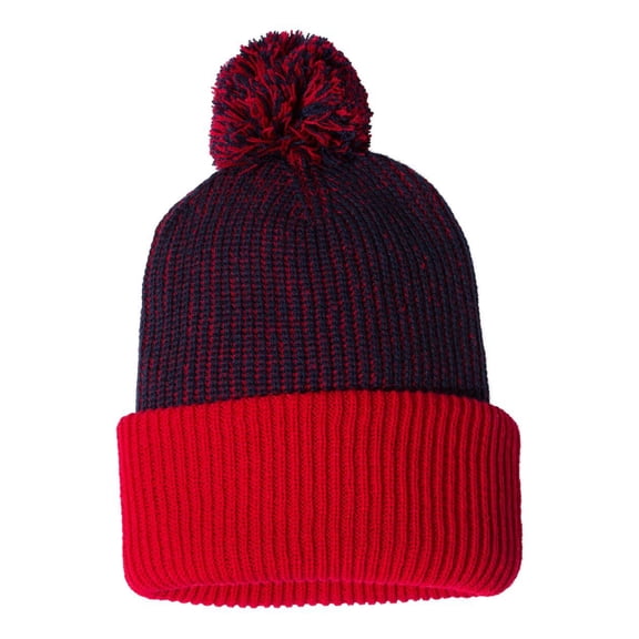 Knit Speckled Pom-Pom Beanie, Navy / Red