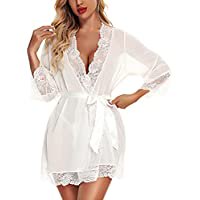 

Women Lace Kimono Robe Babydoll Chemise Lingerie Bride Robe for Wedding Party(1white)