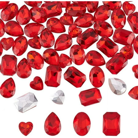 64 Pcs 4 Shapes Pointed Back Rhinestone 18mm Glass Rhinestones Gems Red Rectangle/Teardrop/Heart/Oval Jewels Embelishments with Silver Plated Back Crystals Stones