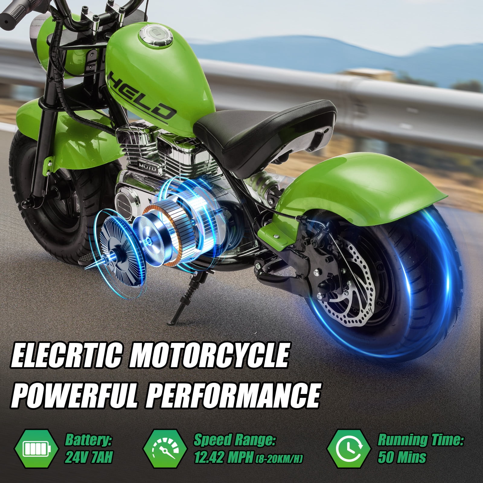 MUKIDY 24V Electric Motorcycle for Kids, 250W Ride on Motorcycle with Twist Grip Throttle, Key Start, Music, Speed up to 12.4 mph, Age 8+, Green