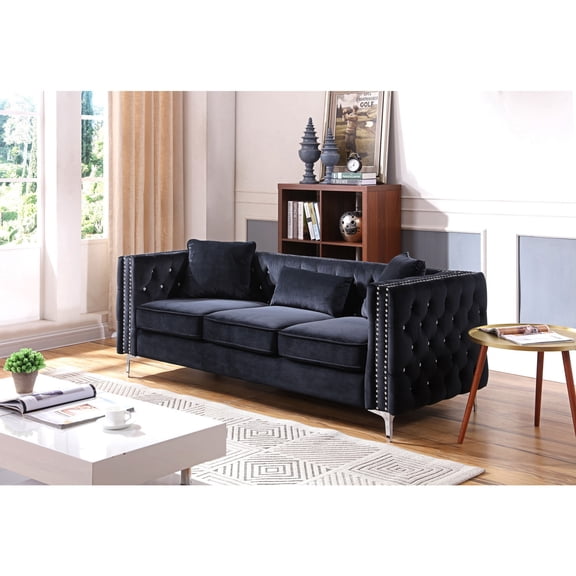 Velvet Tufted Sofa with Chrome Legs - Modern Living Room Furniture