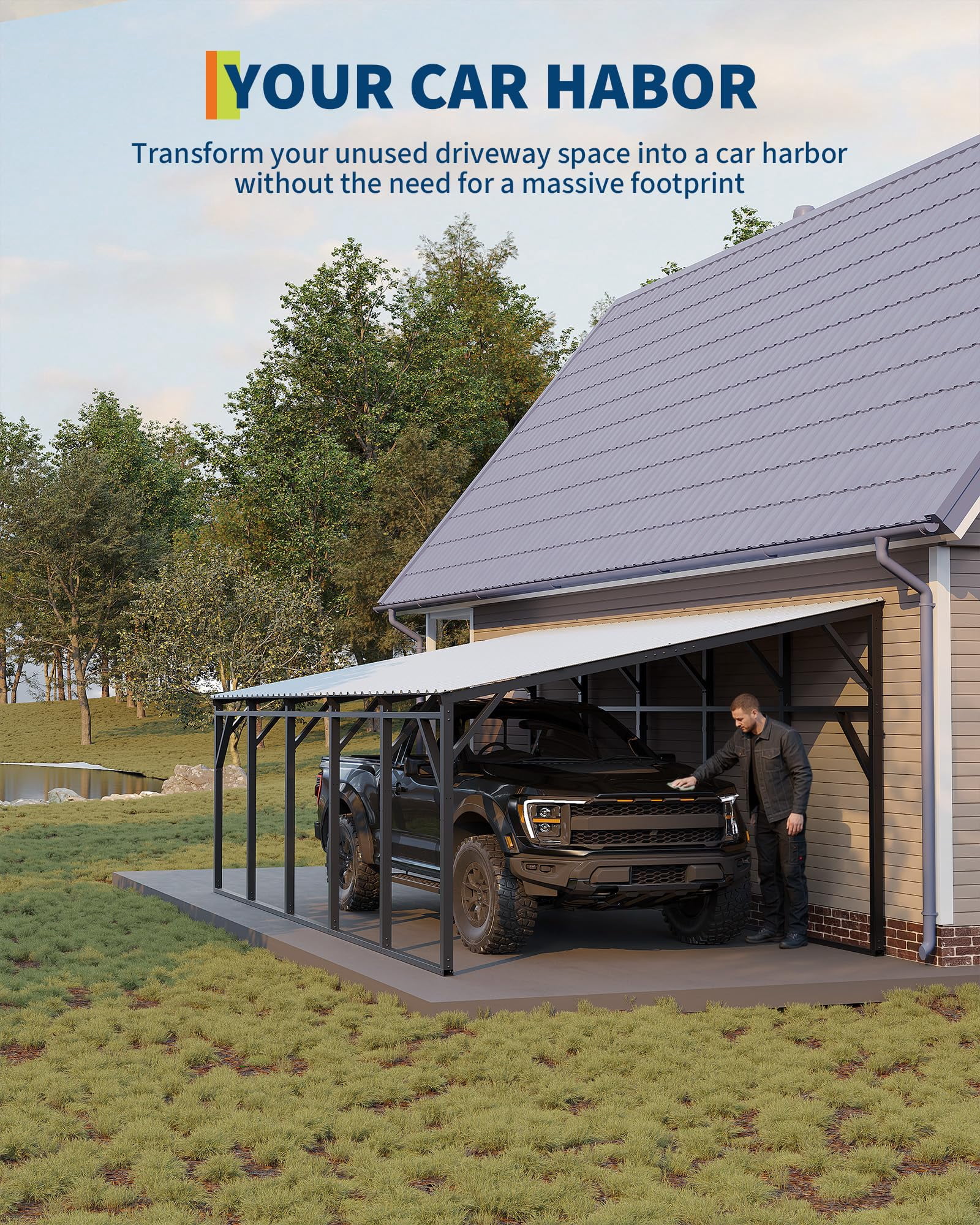 12x25 ft Lean-to Metal Carport, Vertical Roof Wall-Mounted Car Port for Snow Shedding, Heavy-Duty 19-Ga. Steel Frame, 107" to 78" Height for Long-Bed Pickup & SUV