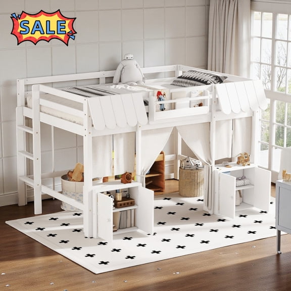 Tcbosik Loft Bed Full Size, Playful Design Bed Frame with Bookshelf, Curtain and 2 Cabinets, Wood Slats Support, Space Saving, White