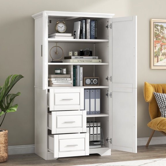 Tcbosik Tall Bathroom Storage Cabinets, Modern Linen Storage Cabinet with 3 Doors & 5 Shelves & 3 Drawer, 62" H Storage Cabinet Freestanding for Bathroom, Living Room, Home Office, Kitchen, White