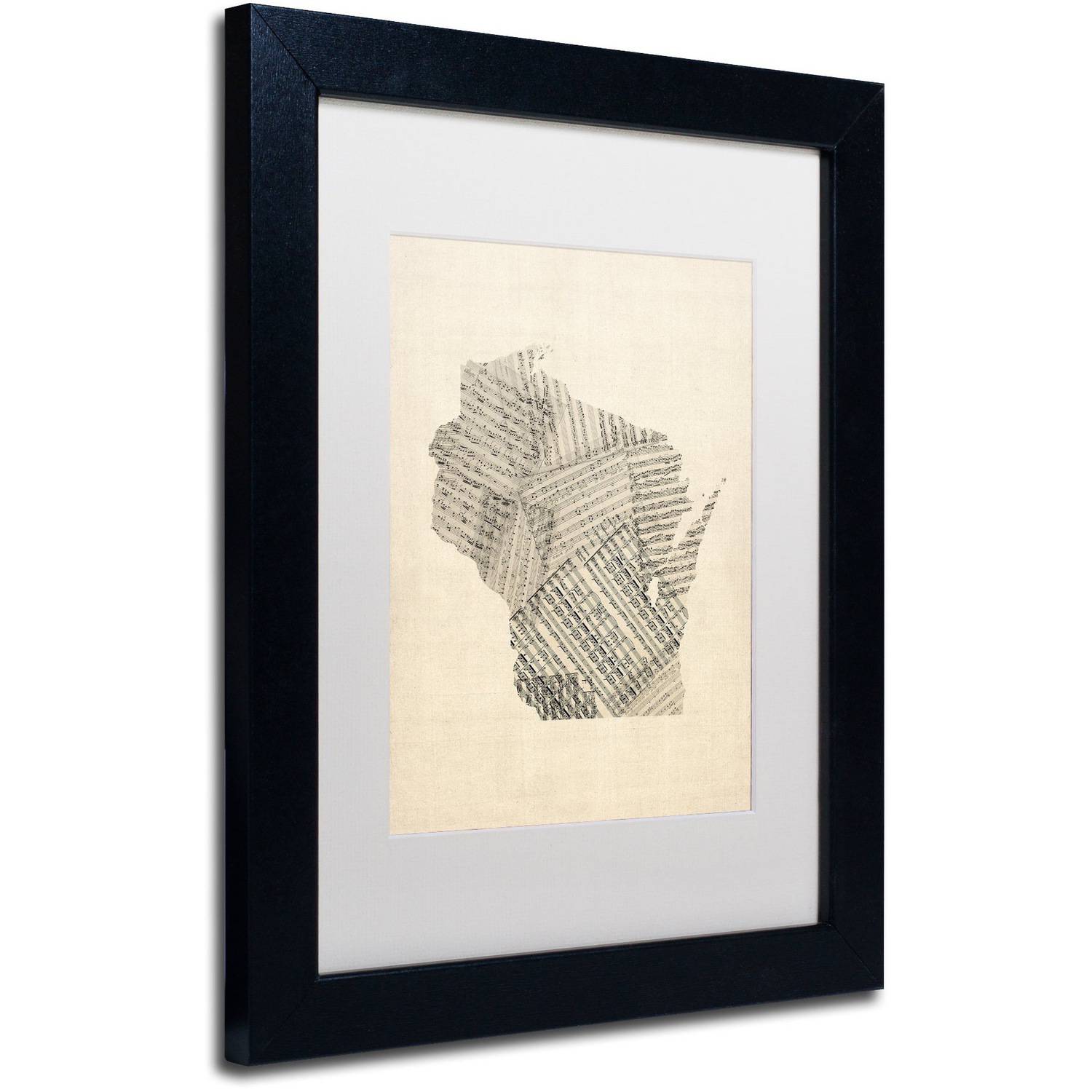 Trademark Fine Art 'Old Sheet Music Map of Wisconsin' Canvas Art by Michael Tompsett, White Matte, Black Frame