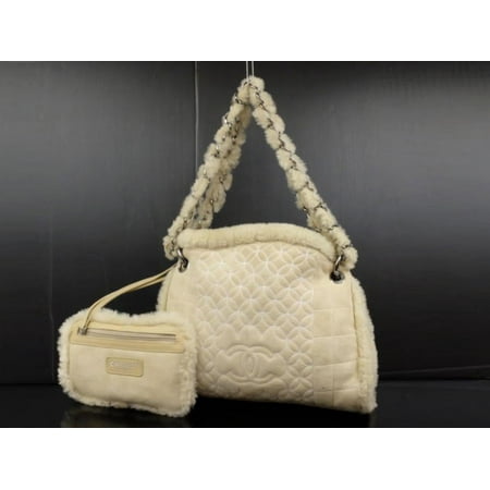 8' Wool Purse - Hobo Quilted Chain 226579 Beige Shearling Wool Shoulder Bag
