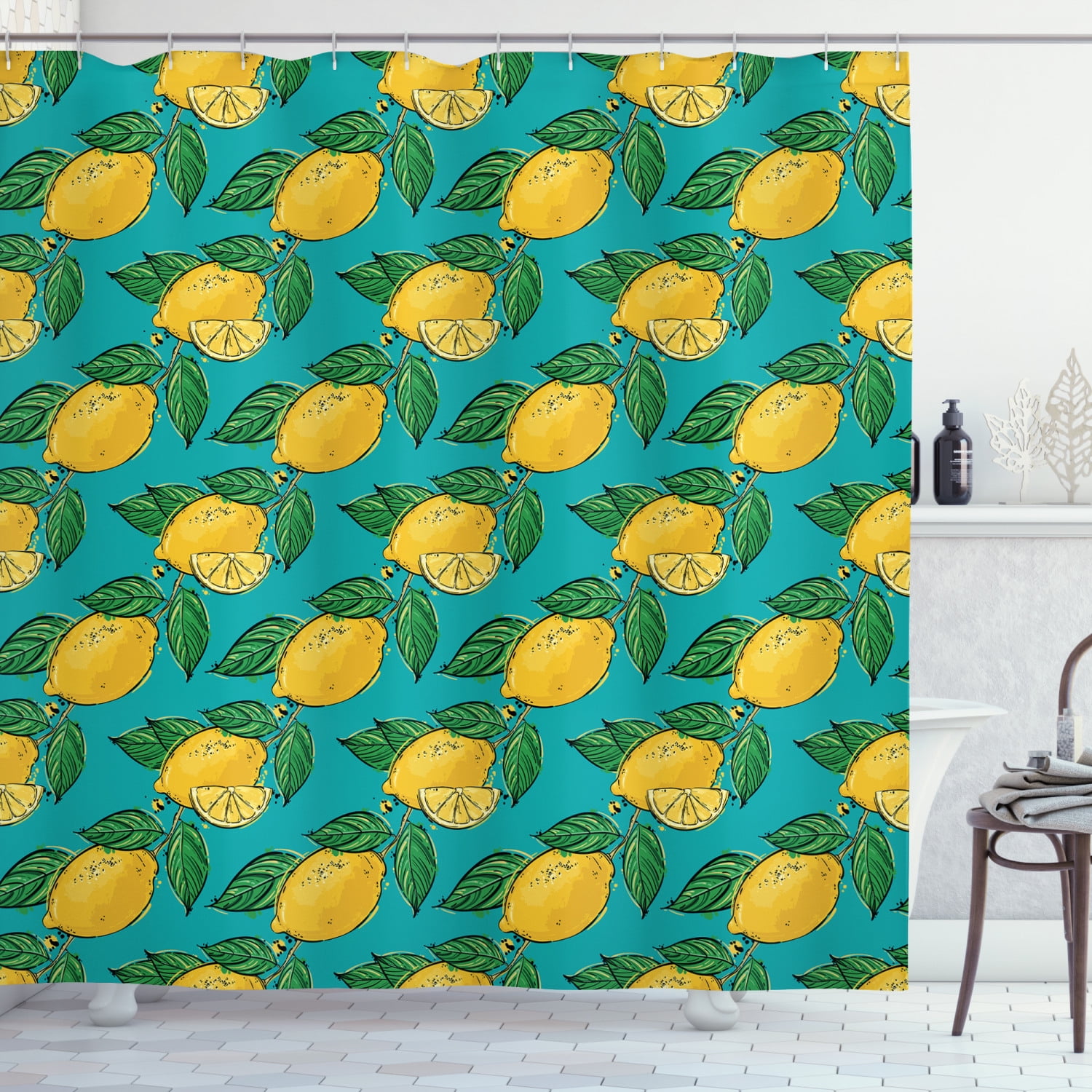 Vegan Shower Curtain, Hand Drawn Abstract Pattern with Lemons on Blue ...