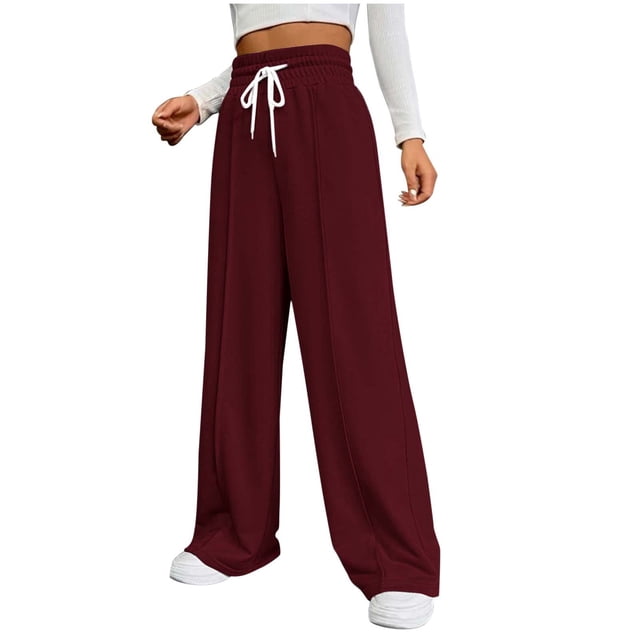 Pantalones de chándal de mujer de color liso, cintura alta, cordón y pierna ancha para otoño-invierno: pantalones elásticos versátiles, informales y cómodos con tabla de tallas.