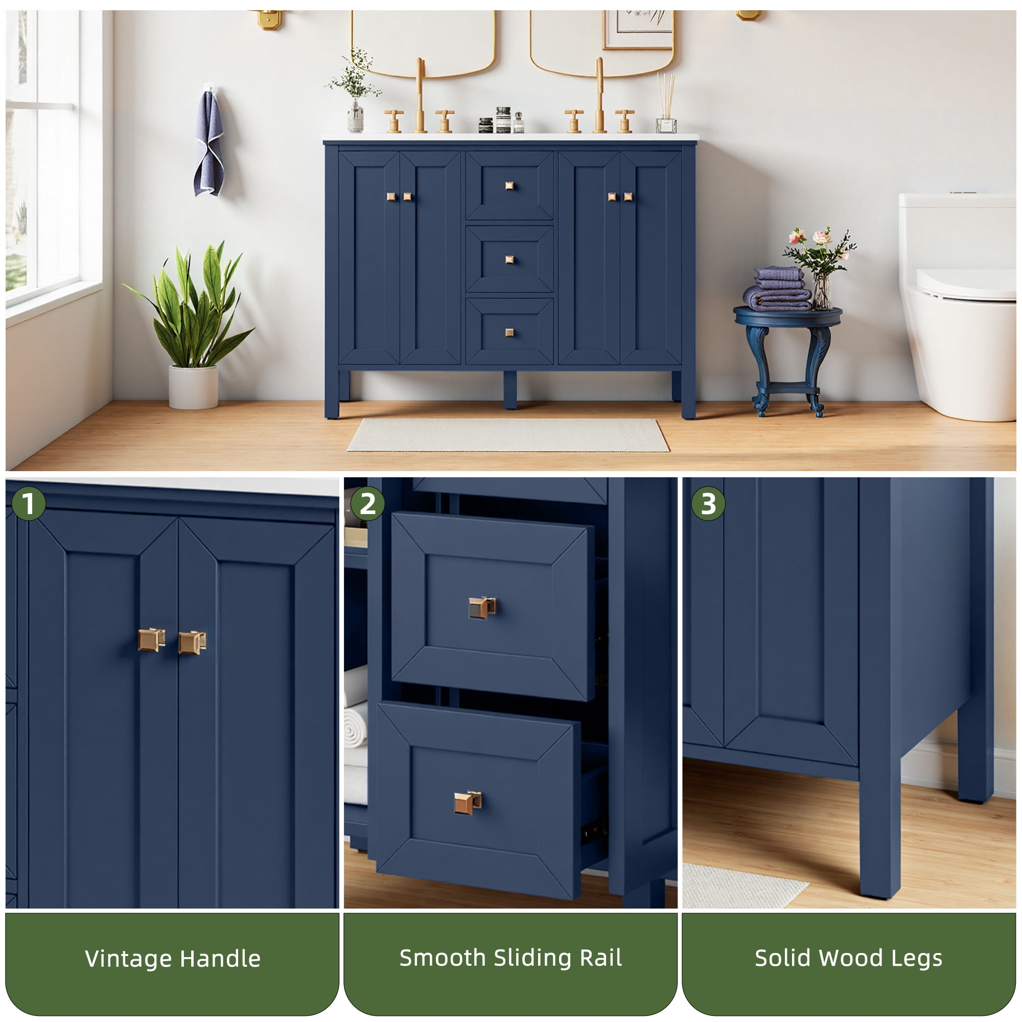 Uforic 47 Inch Bathroom Vanity with Double Sink, Retro Style, Sintered Stone Countertop, 4 Doors & 3 Drawers, 6 Pre-drilled Faucet Holes, Blue