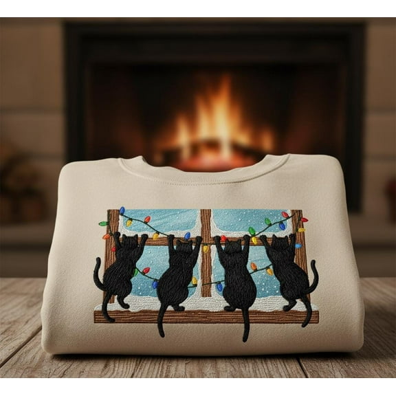 Embroidered Black Cat Christmas Sweatshirt, Cozy Winter Cat Lover Crewneck, Holiday Gift for Pet Lovers