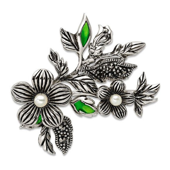 24.6mm 925 Sterling Silver Oxidized Freshwater Cultured Pearl Green Enamel Marcasite Floral Pin Brooch Brooches and Pin