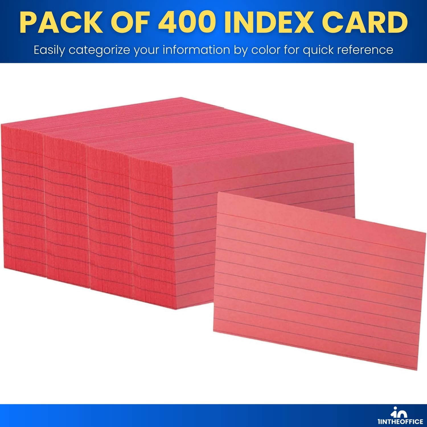1InTheOffice Index Cards 3x5, Colored Index Cards, Lined , Red, 400 Pack