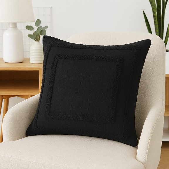 Laddha Home Designs Geometric Bordered Loomed Square Cotton Throw Pillow Cover - 20" - Black
