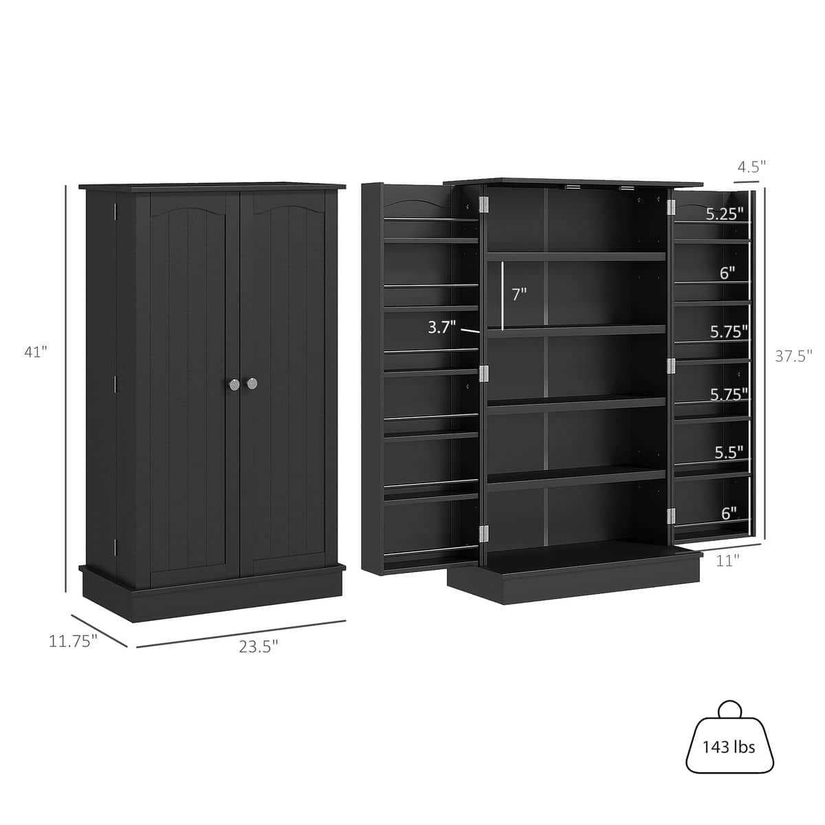 Spaco Freestanding Kitchen Pantry Cabinet with 5-tier Shelving, Kitchen Cabinet with 12 Door Shelves and Double Doors for Indoor as Living Room, Kitchen, Black