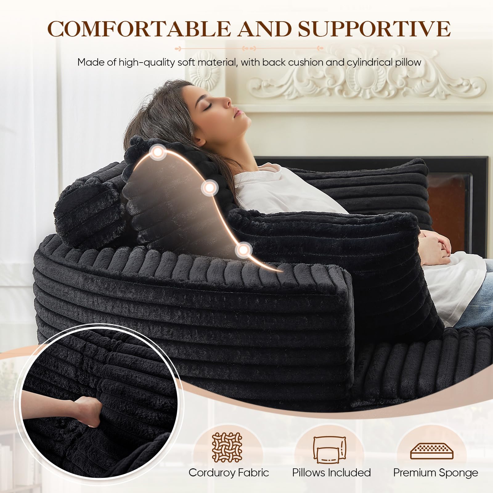 Aukfa 55" Oversized Round Chaise Lounge Chair Indoor, Corduroy Upholstered Sleeper Chair with Deep Seat & Pillows, Black