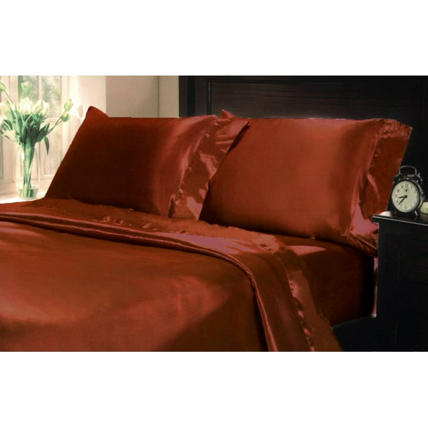 4 Pc Poly Satin Bed Sheet Pillowcase Set 15 Inch Deep Pocket Silk Like Charmeuse King Rust Orange Brick Spice Com Satin Bed Sheet Pillowcase Set, Silk Bed Sheets King Size