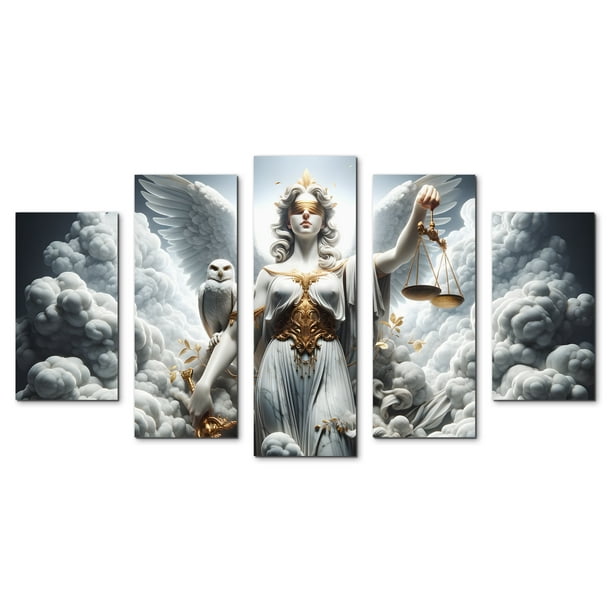 Cuadro decorativo para abogados, Diosa de la Justicia, Búho, Juez, espada, balanza, blanco, oficina, despacho, regalo, ley, profesional, moderno, elegante, juego de 5 piezas