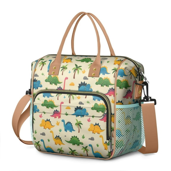 Beige Toned Dinosaur and Palm Tree Pattern Womens Lunch Box for Work,Insulated Large Lunch Bag for Tween and Teen,Loncheras Para Mujer,Leakproof Adult Lunch Bag for Work,Beach,Travel,Picnic,Camping