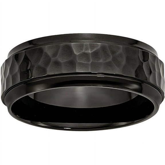 Stainless Steel 8mm Black IP-plated Hammered/Polished Beveled Edge Band