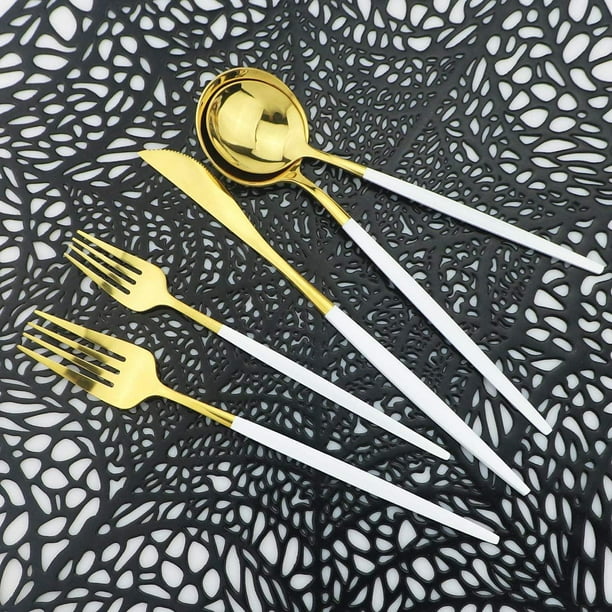 Gold Flatware Set, Royal 30 Pieces White Handle and Mirror Gold 304