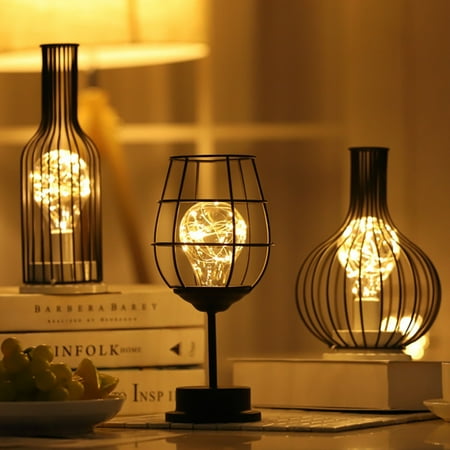 

Taluosi LED Night Light Decorative Artistic Romantic Nordic Hollow Iron Art Red Wine Bottle Atmosphere Lamp for Bar