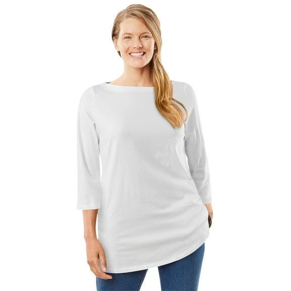 Woman Within Plus Size Perfect Three-Quarter Sleeve Boatneck Tee