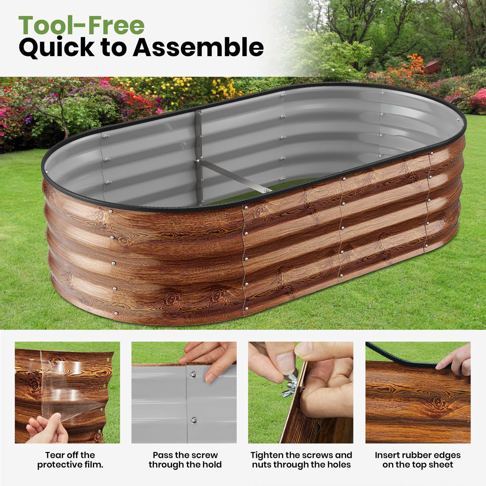 GVDV Galvanized Raised Garden Bed Outdoor, 4x2x1ft Backyard Oval Metal Planter Box with Easy Assembly, for Gardening Vegetables, Fruits, Flowers - Brown