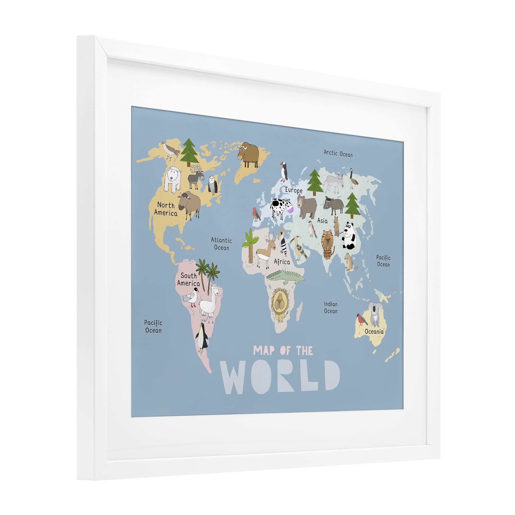 Kid's Map Of World Blue White Framed Print Under Glass, design by Carla Daly