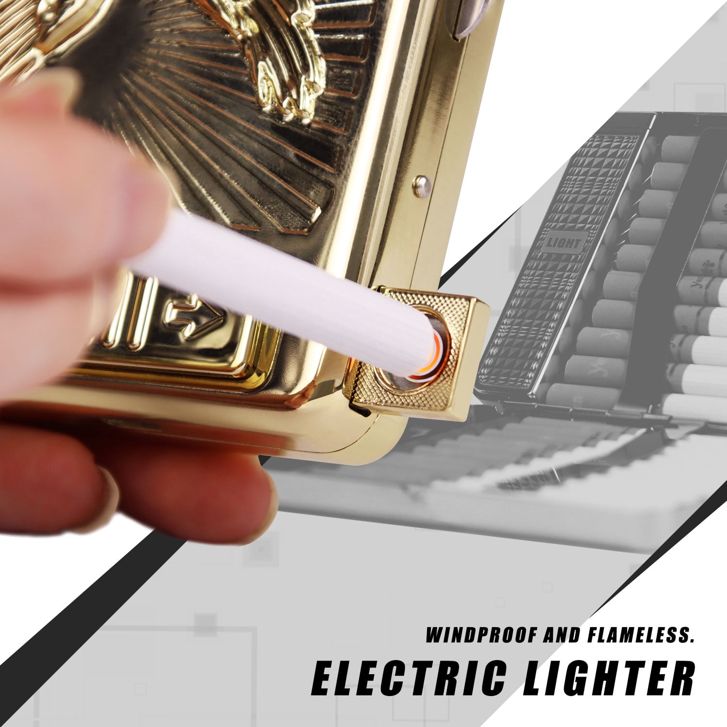 20 PCS Set Metal Cigarette Case Holder Arc Lighter with 3D Eagle Design Rechargeable Electric Arc Lighter Case Windproof Flameless USB Cigarette Case Lighter (Gold)