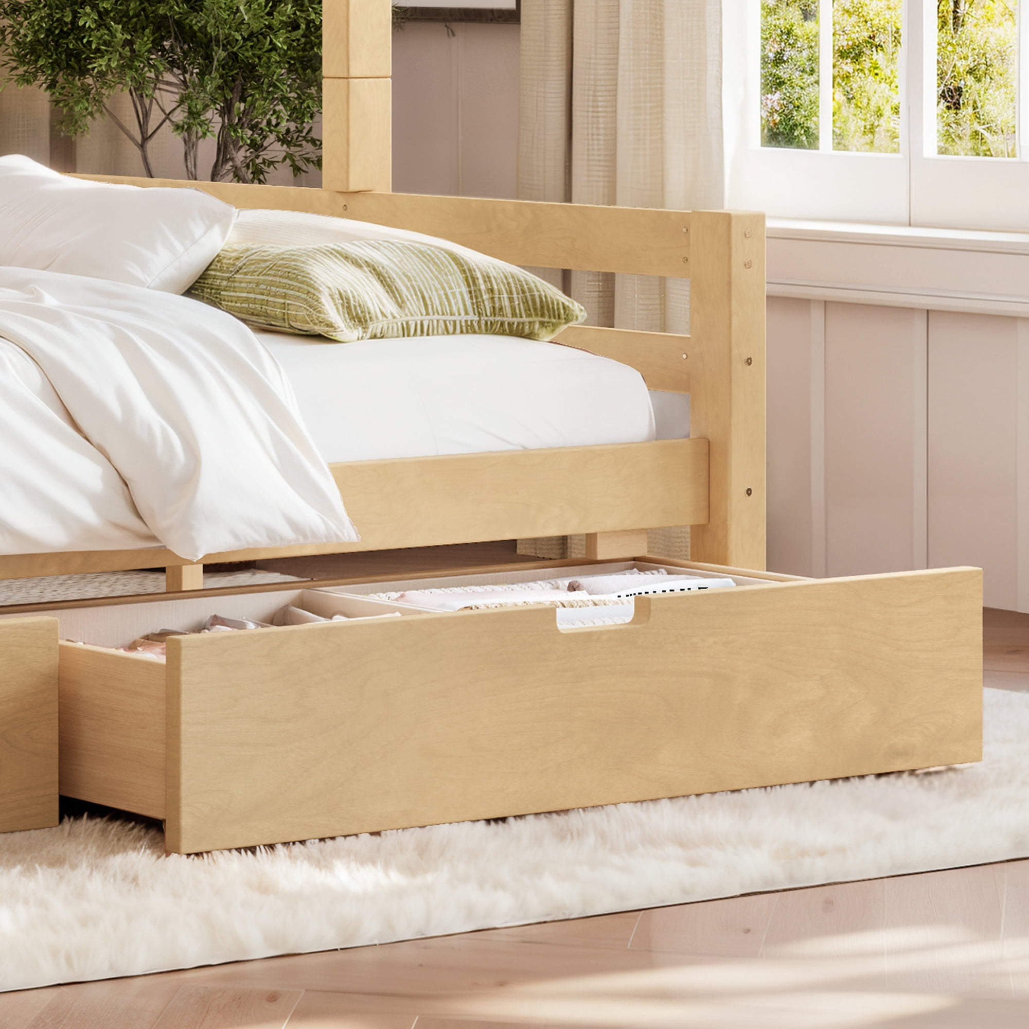 Leumius Twin XL over Queen Bunk Bed with Storage Drawers, Chic Curved Guardrail & Side Storage Shelves, Bunk Bed Frame with Ladder Natural